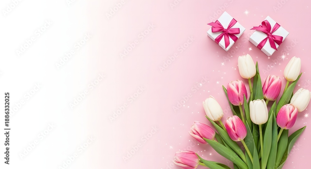Fototapeta premium Happy mother's day bouquet of pink and white tulips with bows