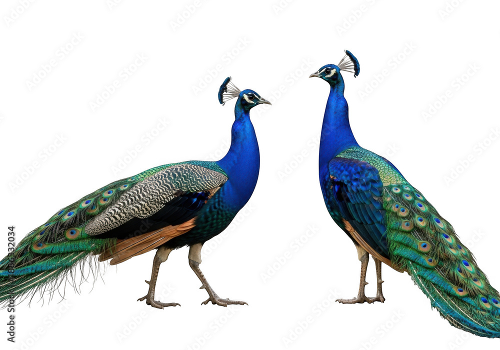 Fototapeta premium Two majestic peacocks standing together with vibrant feathers and long tails isolated on transparent background