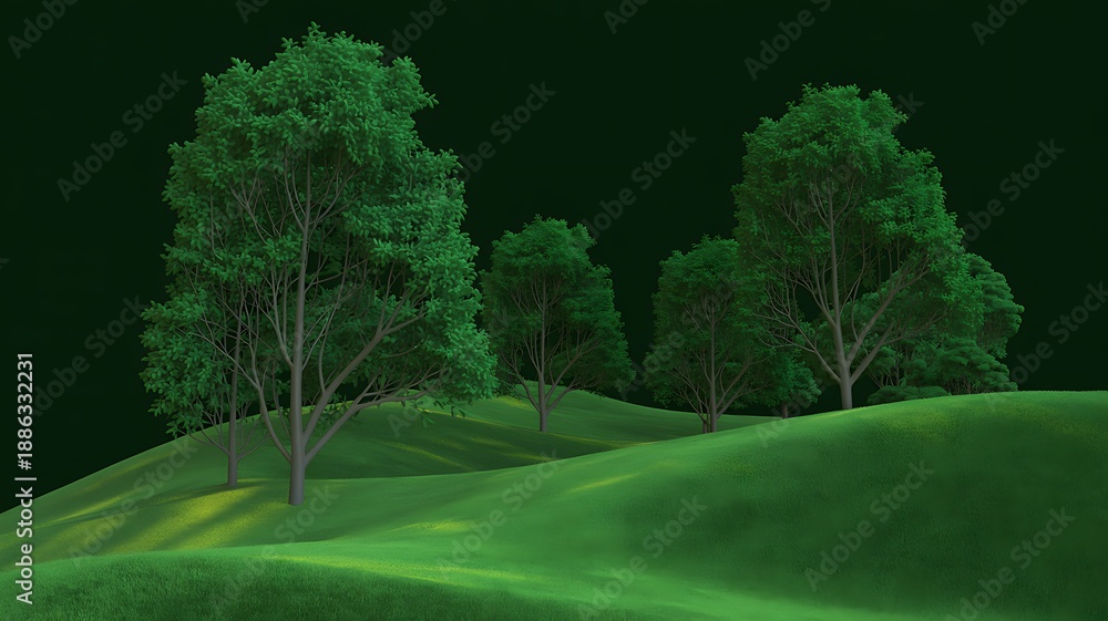 Obraz premium Vibrant 3D Rendered Illustration of Lush Green Trees on Rolling Hills