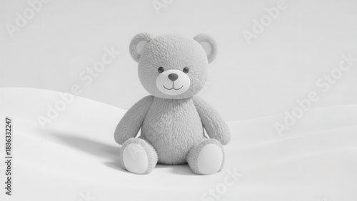 Cute Grey Fluffy Teddy Bear Toy Sitting on White Background