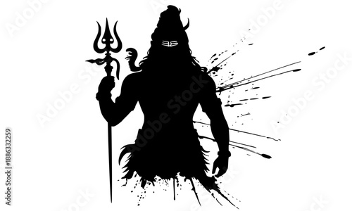 Powerful Silhouette of Lord Shiva Holding Trishul with Artistic Paint Splatter, Spiritual Hindu Deity Mahadev Illustration for Maha Shivratri, Shravan, and Bold Religious Devotional Graphic Designs