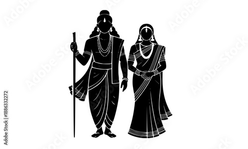Divine Silhouette of Lord Rama and Goddess Sita, Spiritual Hindu Deity Illustration in Traditional Attire, Black and White Religious Vector Art for Diwali, Dussehra, and Ram Navami Celebration