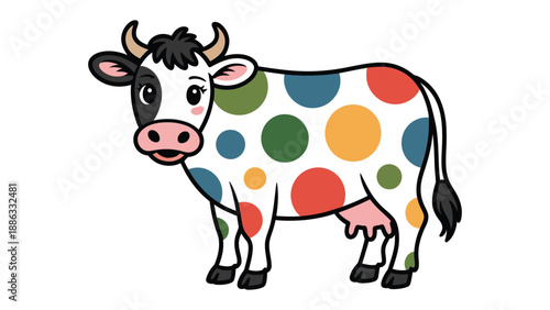Cheerful Cow with Colorful Polka Dots: A charming cow is adorned with vibrant polka dots, radiating cheerfulness and playful whimsy. An eye-catching and delightful illustration.