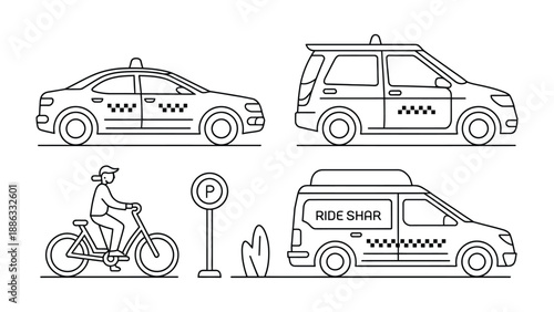 Urban Mobility Illustrations: A modern depiction showcases various modes of transport in an urban environment, highlighting transportation and city life.