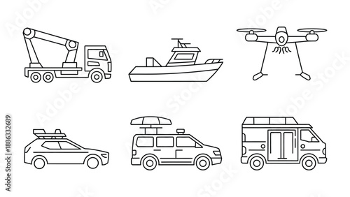 Modern Transportation Lineup: A curated selection of modern transportation vehicles, each one designed with a focus on simplicity and style. showcasing diversity of movement.