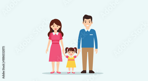 A happy family of three a mother father and young daughter illustrated