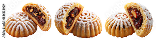 Traditional Maamoul cookies, one halved showing date and nut filling, isolated on white background, concept of Arabic desserts