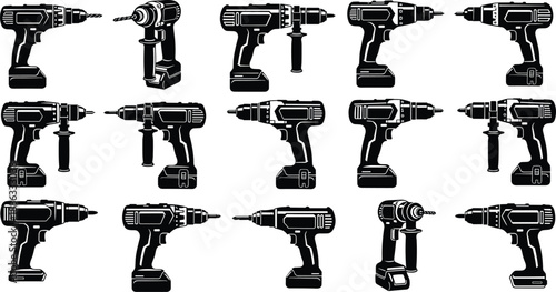 Adobe Stock Title (23 Words) Collection of Professional Cordless Power Drill Icons in Various Angles for Home ImpHardware Store Maintenance and DIY Project Vecto