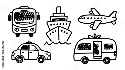 Hand-Drawn Transport Icons: A delightful assortment of hand-drawn transportation icons, showcasing a bus, ship, airplane, taxi, and camper, capturing the spirit of travel and mobility.