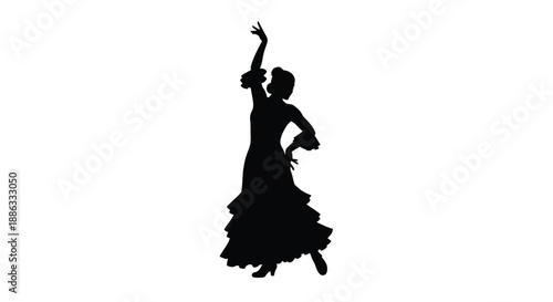 Silhouette of a flamenco dancer in a dramatic pose against white background