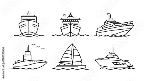 Various Vessels: Set of line art illustrations of diverse water vessels, including a cruise ship, yacht and more, highlighting maritime travel, adventure and transport.