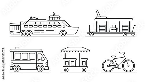 Vehicular Variety: A collection of various vehicles, including a ferry, tram, van, cart and bicycle are depicted in a clean, illustrative style.