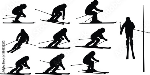 Black skier silhouette collection showing downhill skiing, turning and jumping winter sports actions isolated on white background vector illustration set