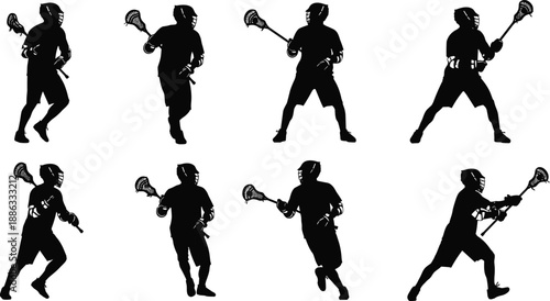 Black lacrosse player silhouette collection showing running, passing and shooting actions isolated on white background vector illustration set