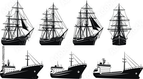 Black ship silhouette collection featuring historic sailing vessels and modern cargo ships isolated on white background vector illustration set