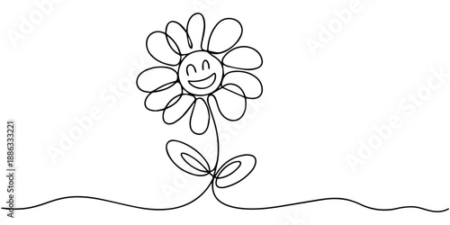 smiling daisy, tulip, and sunflower continuous one line drawing, Groovy flower cartoon characters. Funny happy daisy with eyes and smile. Retro chamomile smiles in cartoon style. Happy stickers
