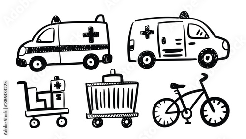 Medical Transport Sketch: A collection of hand-drawn illustrations depicts various modes of medical transportation, including ambulances, carts, and a bicycle.