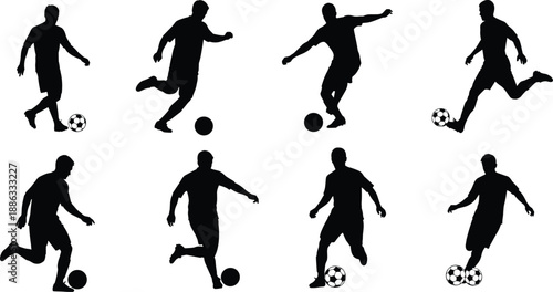 Black soccer player silhouette collection showing dribbling, kicking and running football actions isolated on white background vector illustration set