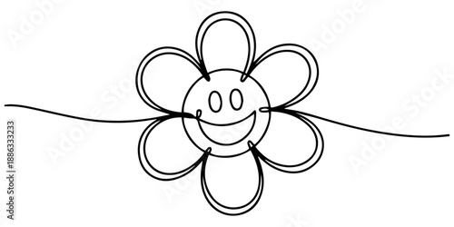 smiling daisy, tulip, and sunflower continuous one line drawing, Groovy flower cartoon characters. Funny happy daisy with eyes and smile. Retro chamomile smiles in cartoon style. Happy stickers
