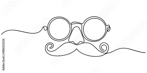 Fun glasses mustache and nose playful design perfect for kids parties continuous one line drawing, Funny Glasses, Nose, and Mustache Icon, Funny face with green glasses orange mustache and red clown
