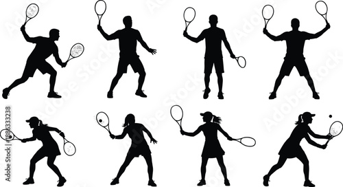 Black tennis player silhouette collection showing forehand, backhand and serve actions for men and women isolated on white background vector illustration set