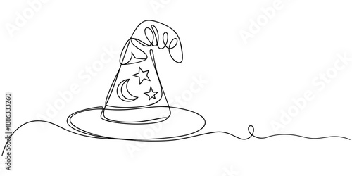 Continuous one line drawing top hat, headwear, magician, accessory, classic concept, editable stroke vector illustration, Whimsical wizard hat drawn with a single continuous line, Magic hat