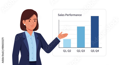 Businesswoman presenting sales performance chart with increasing quarterly results