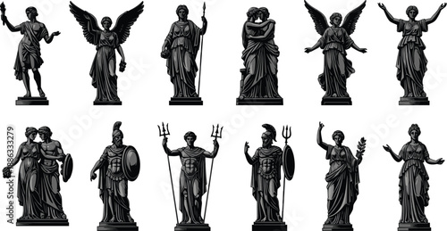 Collection of Classical Greek and Roman Statue Illustrations Featuring Ancient Deities Warriors Mythological Figures and Statuettes for History Museums Fine Art Education and Architectural Design