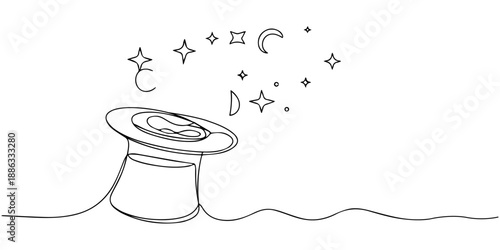 Continuous one line drawing top hat, headwear, magician, accessory, classic concept, editable stroke vector illustration, Whimsical wizard hat drawn with a single continuous line, Magic hat