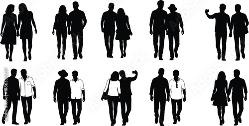 Collection of Diverse Couples Silhouettes Walking and Taking Selfies Featuring Men and Women in Casual Summer Outfits for Relationship Lifestyle and Inclusive Community Vector Design