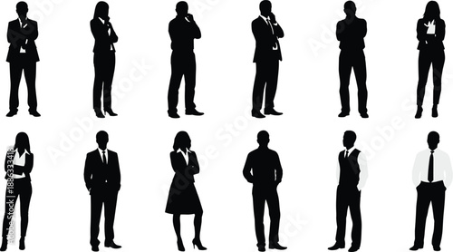 Collection of Professional Business People Silhouettes in Formal Attire Featuring Men and Women in Suits Standing in Confident Poses for Corporate Leadership and Office Management