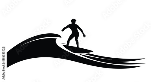 A silhouetted surfer rides a powerful wave in a minimalist design