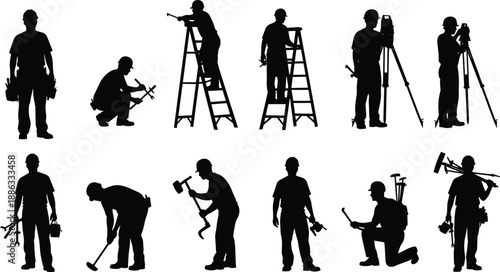 Collection of Professional Construction Worker Silhouettes in Various Poses Featuring Surveyors Tradesmen on Ladders and Handymen with Industrial Tools for Building Site Project Vector Illustration
