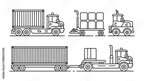 Logistics Lineup: A series of illustrations of different trucks and transport vehicles. showcasing the variety of freight and delivery methods, essential to global logistics.