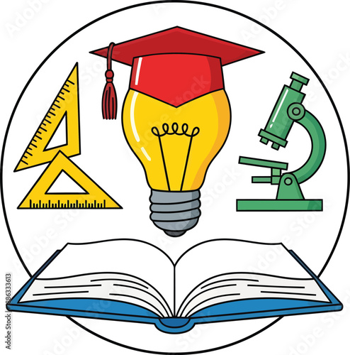 Education and learning concept with light bulb book microscope and graduation cap icons