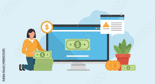 Online earnings and financial growth concept with a woman and computer