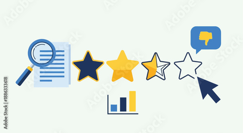 Review analysis with stars feedback document and chart illustrations