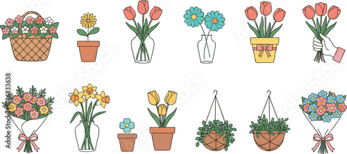 Set of colorful flower bouquets, tulips in vases, potted plants and hanging baskets vector illustration isolated on grey background