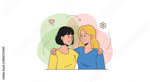Two smiling women with arms around each other hearts and flowers nearby