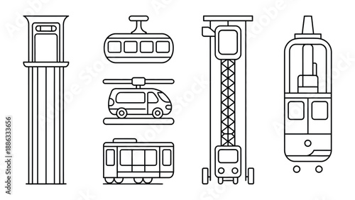 Transportation Line Art Set: This image is a comprehensive set of illustrations depicting various modes of transportation in a sleek, minimalist line art style. 