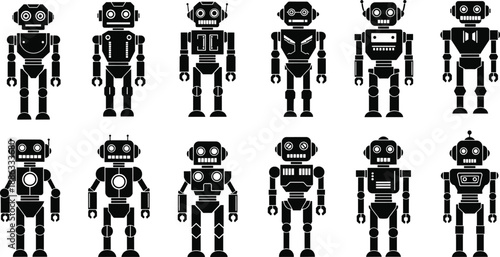 Collection of Vintage Retro Robot Characters in Flat Vector Style Featuring Diverse Mechanical Android Designs for Science Fiction Technology Projects and Artificial Intelligence Concepts