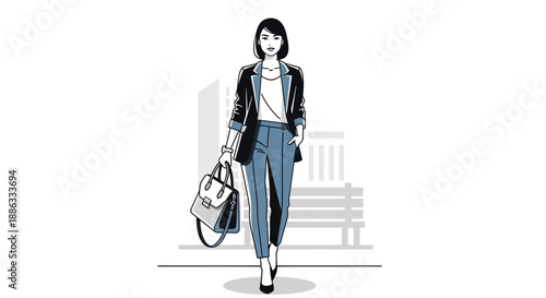 Stylish woman in a blazer and pants walks with a handbag in a city