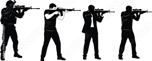 et of Black Vector Silhouettes Featuring a Soldier Civilian and Secret Agent Aiming Assault Rifles and Sniper Weapons Isolated on White Background for Action Designs