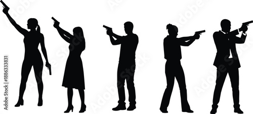 Diverse Men and Women Silhouettes Holding Handguns and Aiming Pistols for Tactical Firearms Training Self Defense Protection Gun Safety and Action Movie Vector Design