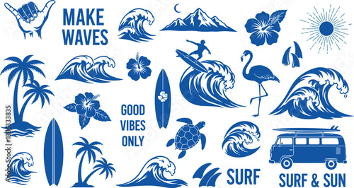 Surfing beach adventure set with palm trees waves surfboard flamingo sea turtle and vintage van cad drawing flat vector illustration