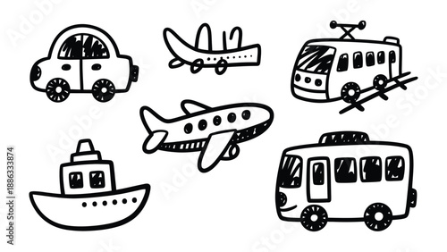 Simple Transport Collection: A charming collection of hand-drawn vehicles, showcasing a whimsical array of transport options in a simple, artistic style.