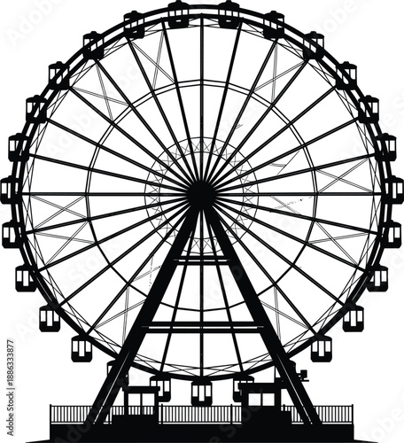 Large black Ferris wheel silhouette isolated on white background for amusement park carnival and fairground entertainment festival design concepts with detailed gondolas and structural frame