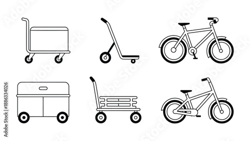 Transportation Elements Illustration: A collection of simple black and white illustrations that showcases diverse transportation equipment, from a classic bicycle to a utilitarian hand truck.