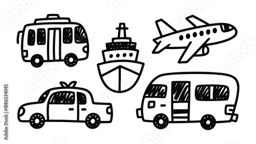 Transportation Collection: A set of outlined vehicles representing various modes of transport, ready to whisk you away on your next journey.