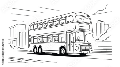 London Double-Decker Bus: An artistic illustration of a classic double-decker bus traverses a bustling city street. The iconic transport symbol of city life.